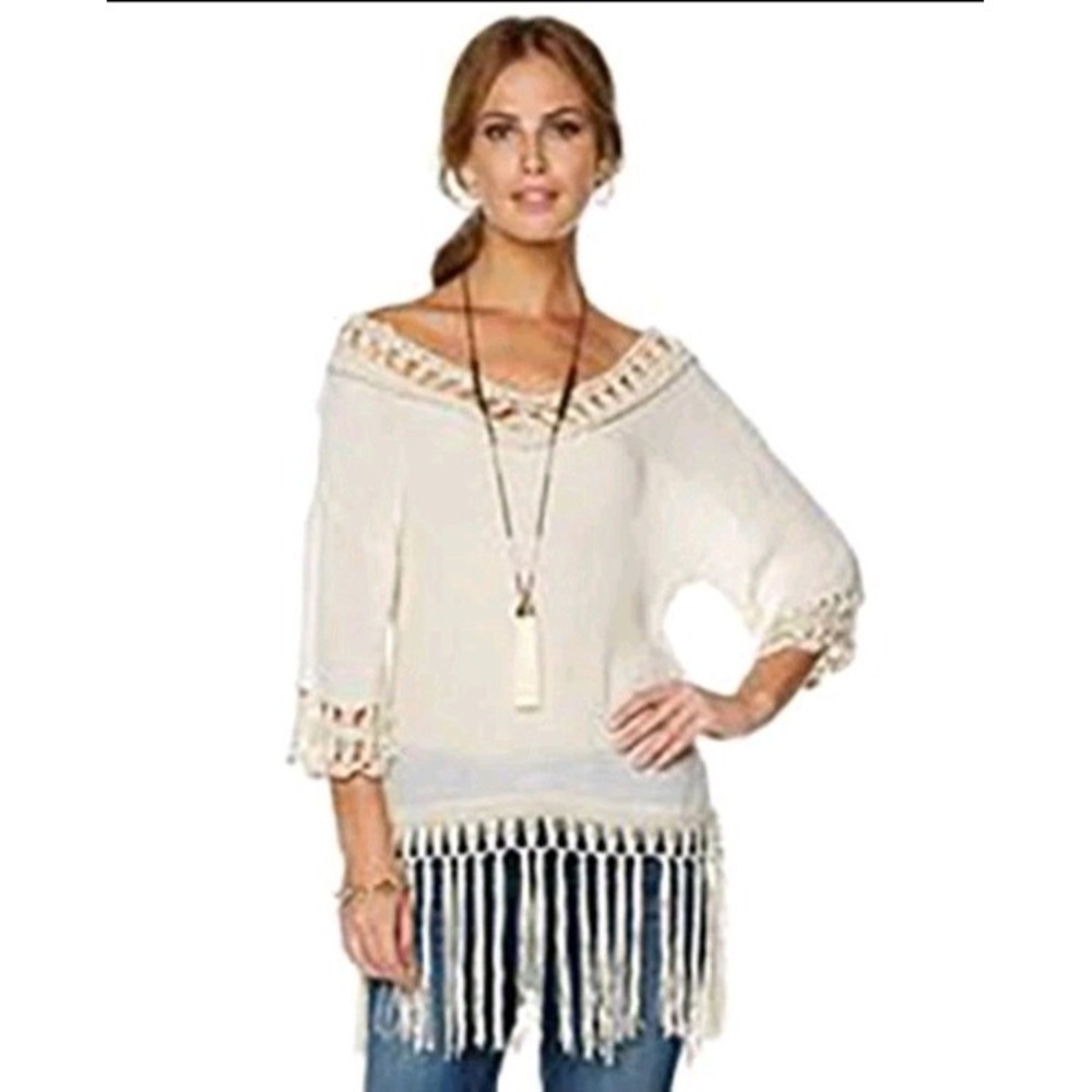 La Fee Verte Women's Size M Tan Short Sleeve V Neck Crochet Trim Boho Festival